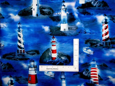 Lighthouse Blue Sea Fabric Nautical Cotton Timeless Treasures CD2275 By Yard - Image 1 of 4
