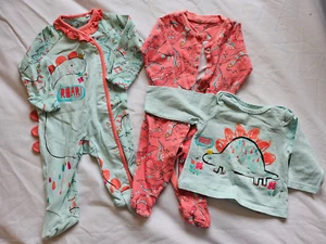 Tu girls 2 romper and LS top bundle, 0-3 months, turquoise/pink dinosaurs, GUC - Picture 1 of 4