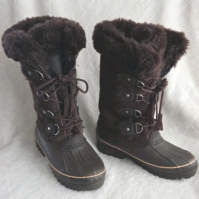 Khombu Boots Women 9 Brown Leather Nordic Faux Fur Winter Snow Rain Lined Laceup - Image 1 of 4