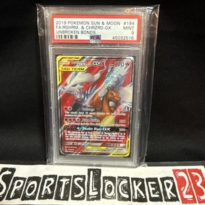 POKEMON 2019 Sun Moon UNBROKEN BONDS F/A RESHIRAM & CHARIZARD GX #194 PSA 9 - Picture 1 of 5