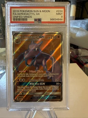 Pokemon 2019 Sun & Moon Unified Minds Ultra Rare Aerodactyl GX 224/236 PSA 9 - Image 1 of 4