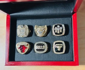 Chicago Bulls 6pc Championship Replica Ring Set w/ Wooden Display Box - Picture 1 of 7