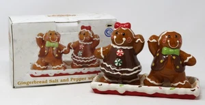 3 Piece Christmas Gingerbread Man Salt & Pepper Shakers Boy Girl w/Tray BOX - Picture 1 of 14