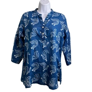 SomaShop Damen Indigo Blau Hahn Blockprint Popover Top Gr. L Boho Coastal - Bild 1 von 11