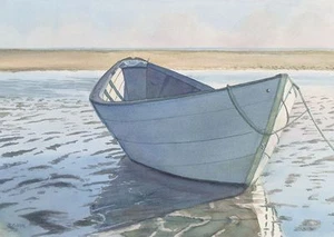 Seashore Serenity. Ruderboot bei Ebbe am Strand. Aquarell Kunstdrucke - Bild 1 von 2