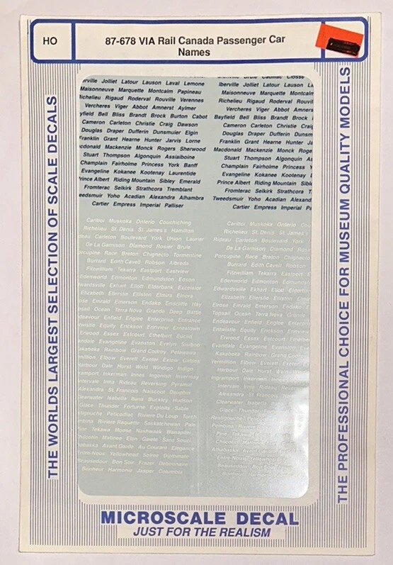 MICROSCALE HO DECAL-VIA RAIL PASSENGER CAR NAMES  -  #87-678 - Image 1 of 1