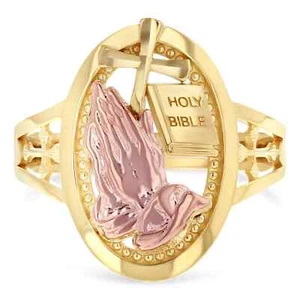 Solid 10kt Two Tone Gold Womens Holy Bible Praying Hands Symbol Religious Ring - Picture 1 of 4