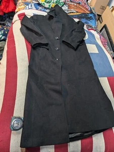 FLEURETTE Loro Piana Trench Coat Womens Size 12 Black Wool Button Up Lined - Picture 1 of 9