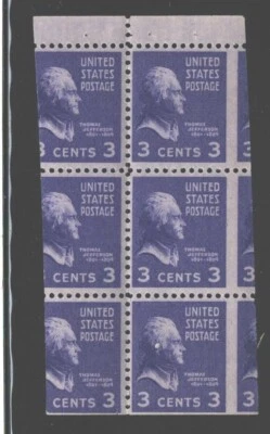 **US #807 Jefferson Booklet Pane of 6 misperfs Error & shift cut Error MNH Fresh - Image 1 of 4
