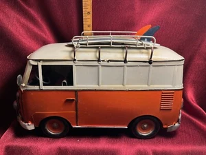 VINTAGE 1971 TIN METAL VW VOLKSWAGON VAN W/ SURFBOARDS BEACH SURF DECOR 12”X8 - Picture 1 of 5