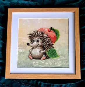Finished Framed Cross Stitch Picture Lovely Funny Hedgehog Apple Gift - Picture 1 of 3