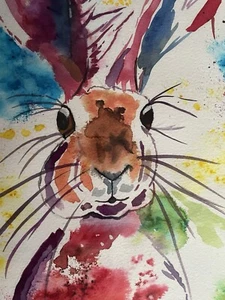 Hare Painting - Brusho Watercolour Painting - Framed in a purple frame - Size A3 - Picture 1 of 7