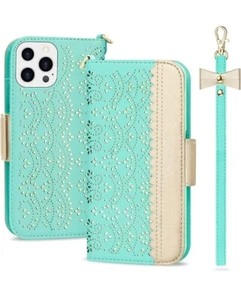 IPhone 13 6.1" Wallet Case W/Mirror, Kickstand, Magnetic Closure, Mint/Gold - Picture 1 of 12