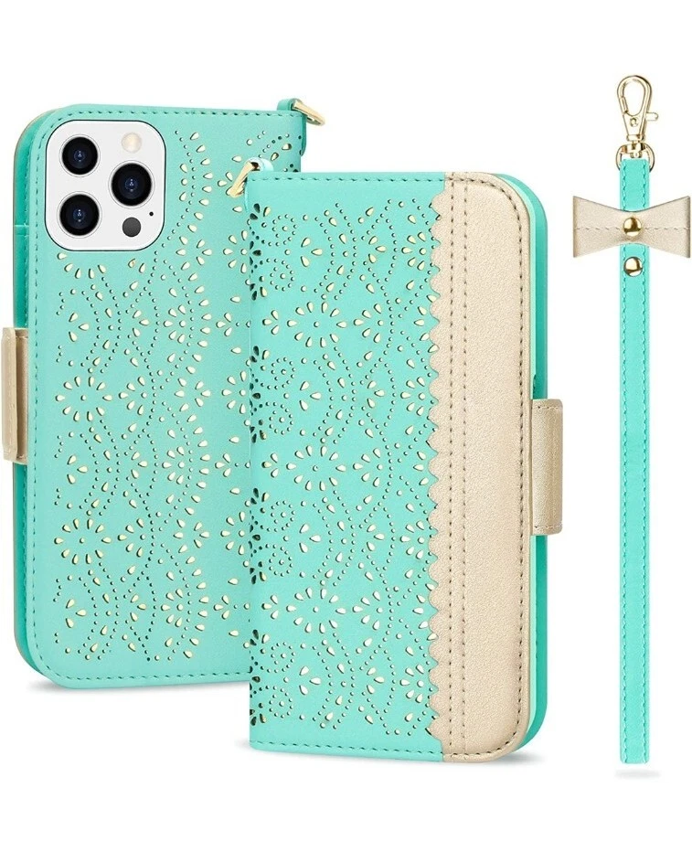  Funda Cartera iPhone 13 6.1" con Espejo, Pata de Cabra, Cierre Magnético, Como Nueva/Dorada Foto 1 de 4