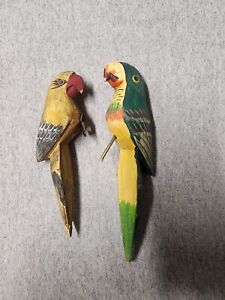 Two Vintage Wood Hand Carved Parrots Hand Painted Colorful Parakeet Birds Nice