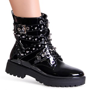 Botines negros de piel efecto charol y cordones para mujer VHIGA