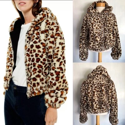 TOPSHOP 官方女式素食毛皮豹纹作物全拉链连帽夹克 S/M — 第 1/4 张图片