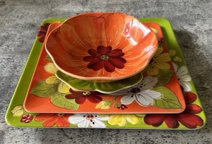 Laurie Gates Melamine Orange Floral Green 4 piece place setting Plates and Bowl - Picture 1 of 11