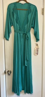 Bata tricot satinada para mujer Glisanda Vanity Fair de colección, ribete de encaje, color jade, nueva con etiquetas Foto 1 de 4