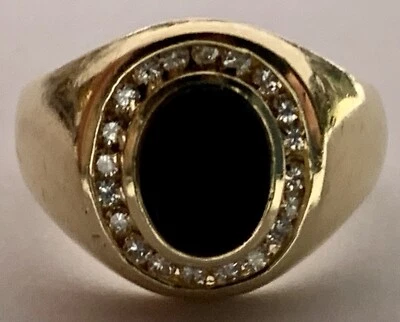 Men’s Diamond Black Ring Solid 14k Yellow Gold, Vintage Ring, Estate, Men - Imagem 1 de 4