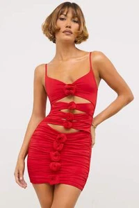 Oh Polly Dress Womens Mini Red Bodycon Cut Out Slinky Rose Detail Ruched - Picture 1 of 17