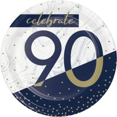 CREATIVE CONVERTING Navy and Gold Milestone 90th Birthday 7 Inch Plates Paper 8 Pack Tableware