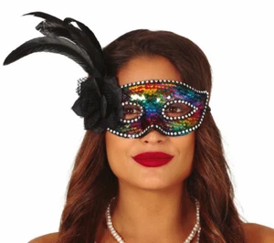 Ladies Masquerade Mask With Rainbow Sequins & Feathers Masked Ball Pride - Picture 1 of 1