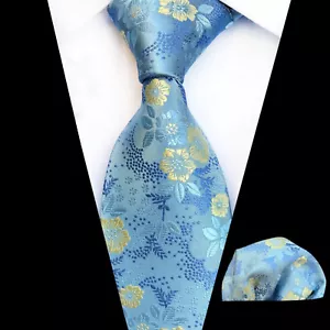 Tie Pocket Square Hanky Blue Yellow Flower Floral Men's Handmade Necktie Wedding - Picture 1 of 3
