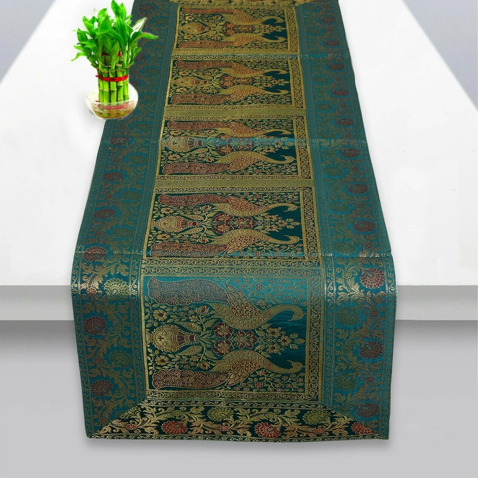 Indian Table Runner Art Decor Brocade Silky Party Wedding Table Cover Tapestry - Image 1 of 4