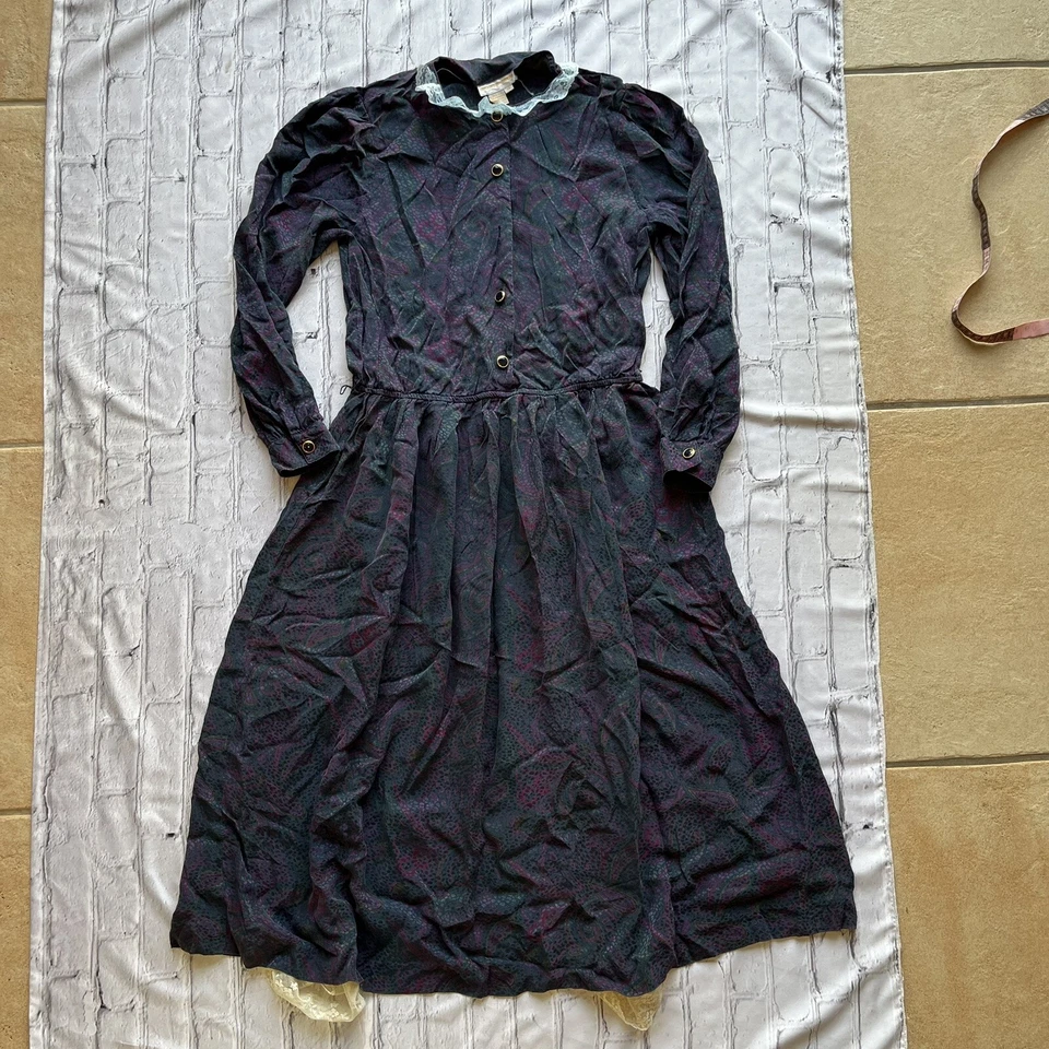 Vestido de Colección Años 80 Seda Brooks Brothers Paisley Encaje Cuello Defecto Pradera Loco Hombres Foto 1 de 4
