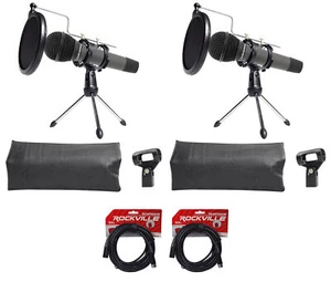 2 Audio Technica Dynamic Podcasting Podcast Microphones+Stands+Pop Filter+Cables - Picture 1 of 11