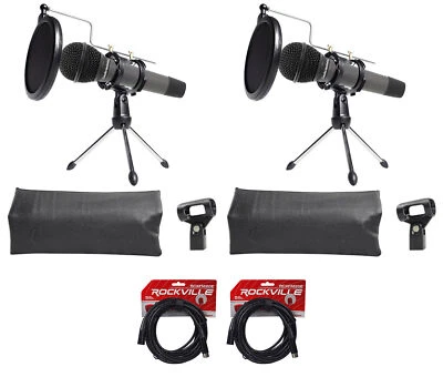 2 Audio Technica Dynamic Podcasting Podcast Microphones+Stands+Pop Filter+Cables - Image 1 of 4