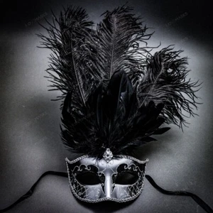 Venetian Silver Black Masquerade Mask Show Girl Ostrich Feather Eye Mask Costume - Picture 1 of 4