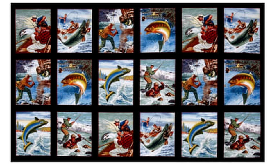 Tela de peces de pesca deportes campo algodón 8403 negro Elizabeths Studio panel de 24" Foto 1 de 1