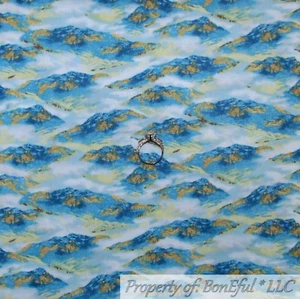 BonEful FABRIC FQ Cotton Quilt VTG White Blue Gold Metallic Mountain Lake Scenic - Picture 1 of 13