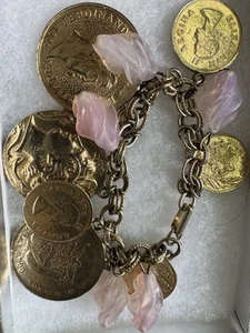 Vintage Costume Coin Bracelet Dangles Pink Ribbon Twist Glass Beads 7.25” - Picture 1 of 5
