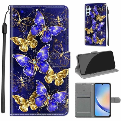 Golden Blue Butterfly For Various Phone Flip Wallet Card Bag Stand Case Cover - Image 1 of 4