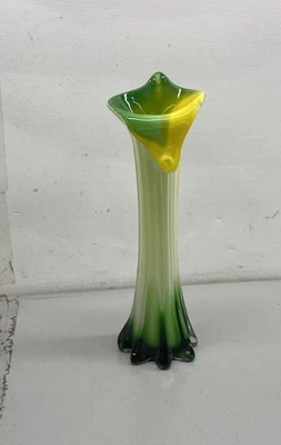 Vintage Art Glass Calla Lily Vase Hand Blown Green Yellow White 12" Tall - Image 1 of 4