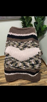 Handmade With LOVE Finger Knit Brown Blanket With Heart. - Image 1 of 2