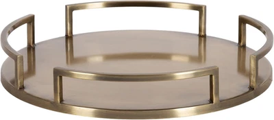 Gohana round Tray with Metal Handles, 16 Inch Diameter, Antique Brass, Modern Gl - Image 1 of 4