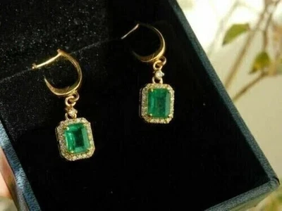 2Ct Emerald Cut Lab Created Emerald Drop/Dangle Earrings 14K Yellow Gold Plated - Image 1 of 4
