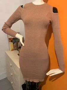 H&M Dress Size S 8-10 Brown Ribbed Stretch Long Sleeve Knit Bodycon Midi Casual - Picture 1 of 4