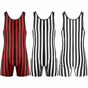 Mens Striped Wrestling Singlet Bodysuit Weight Lifting Stretch Leotard Shapewear - Picture 1 of 17