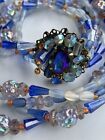 Germany Frosted Molded Blue Glass Necklace, Bracelet Brass Filigree