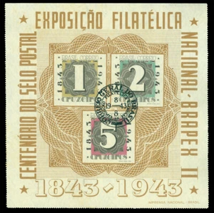 BRAZIL 1943 AIRMAIL - 100th Anniv. Bull's Eye Stamp -BRAPEX Phil Exp Sc#C53 used - Picture 1 of 2