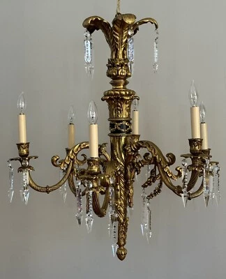 Antique Stately French Gilt Bronze Brass Chandelier Spear Crystal - Image 1 of 4