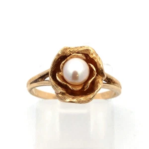 Vintage 14K Yellow Gold Pearl Solitaire Flower Rose Cocktail Ring - Picture 1 of 11