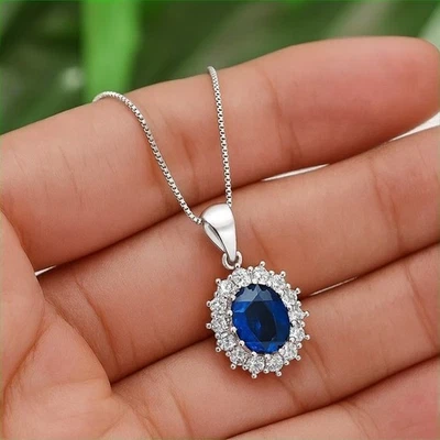 2.50Ct Natural Oval Blue Sapphire & Diamond Pendant 18'' Chain 14k White Gold - Image 1 of 4