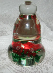 Wheatonware 1973 Green Red Trumpet Flowers Glass Bell Shaped Paperweight 5.5" - Picture 1 of 7
