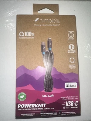 Nimble PowerKnit USB-C Cable TO LIGHTN-ING Fast Charge 3.3 ft. Gray - NEW - Image 1 of 2